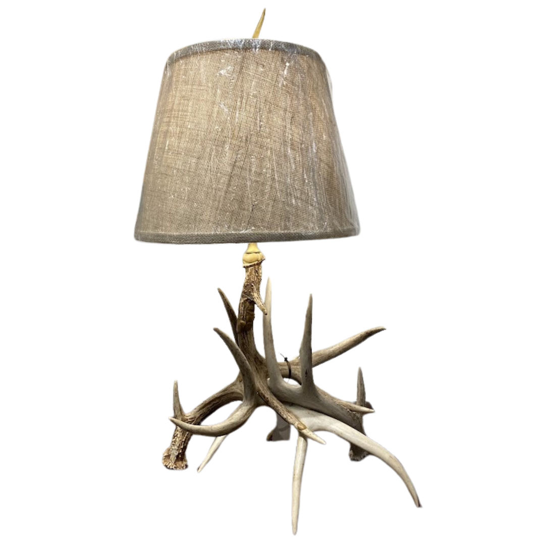 Vintage Antler Lamp with New Burlap Shade & Antler Finial