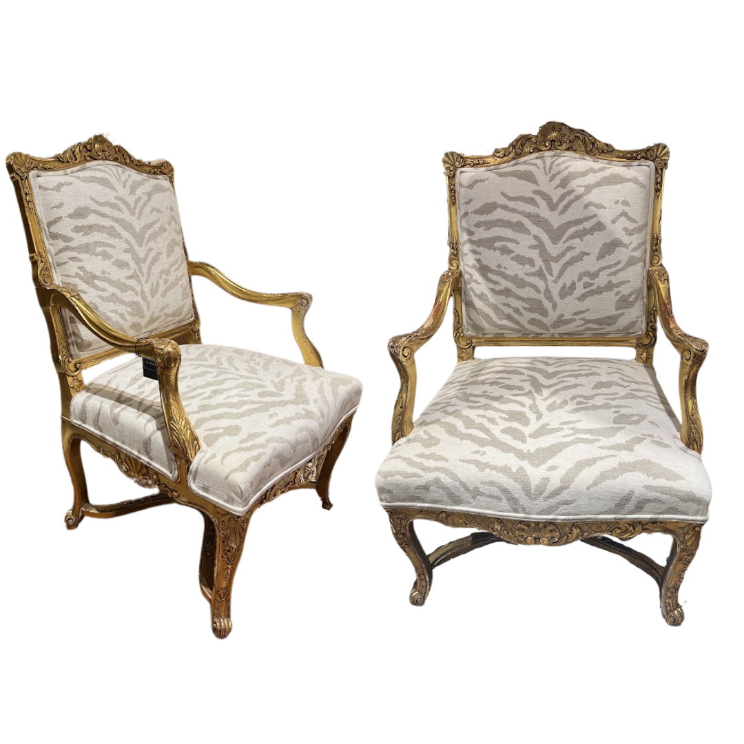 Antique Rococo Bergeres, Gilt with Zebra Upholstery