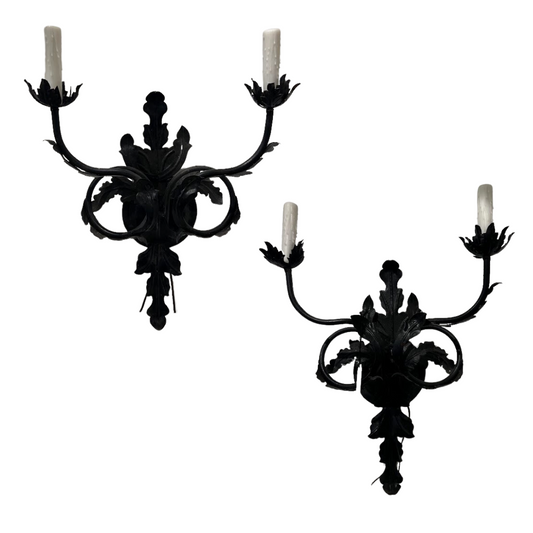 Pair Black Tole Leaf Sconces