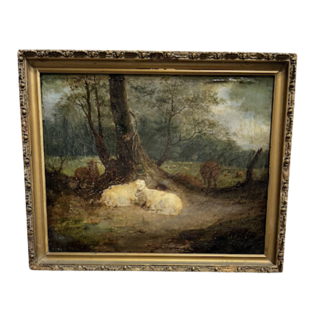 Late 1800s Antique Oil on Canvas of Sheep in a Pasture