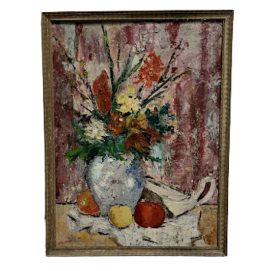 Vintage Oil Impasto on Board of Flowers & Fruit