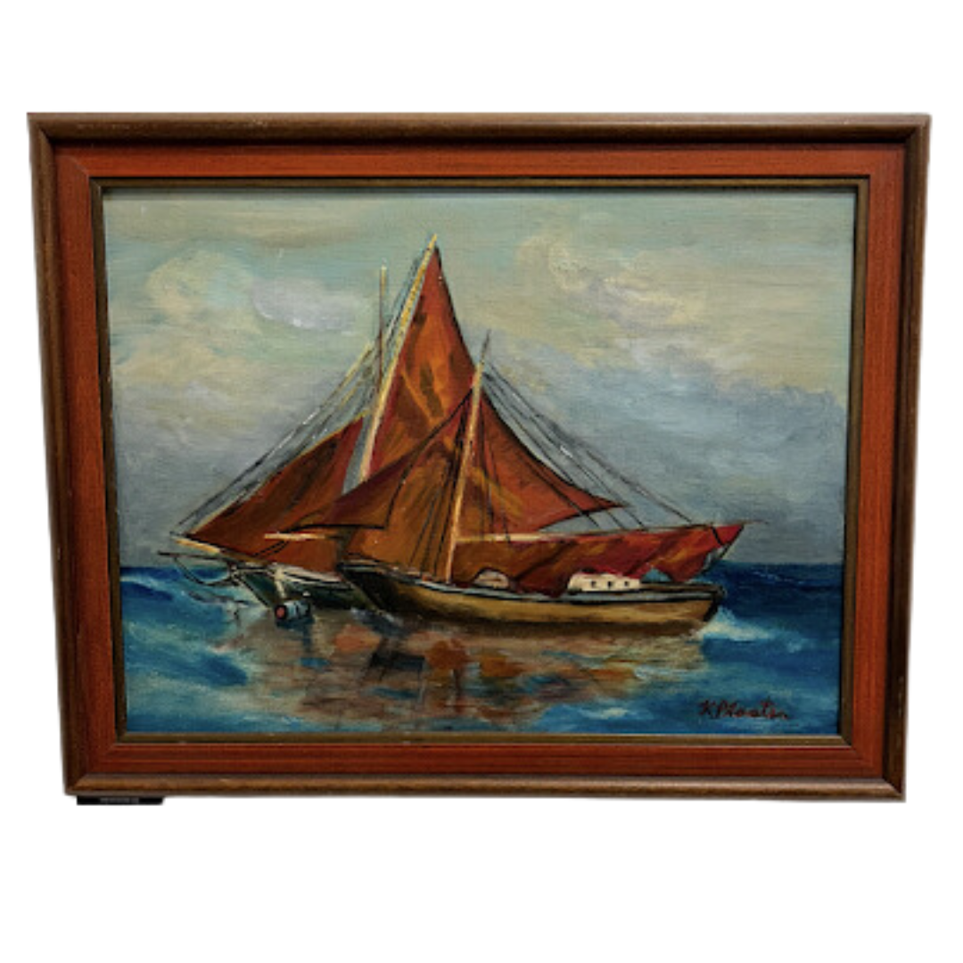 Early Mid Century Red Sails on the Water Oil on Canvas Board