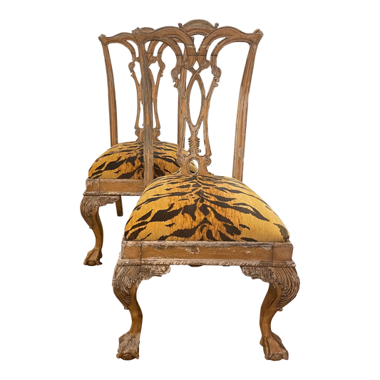 Pair Antique Late 20th Century Chippendale Style Side Chairs in Modern Tiger Print Fabric