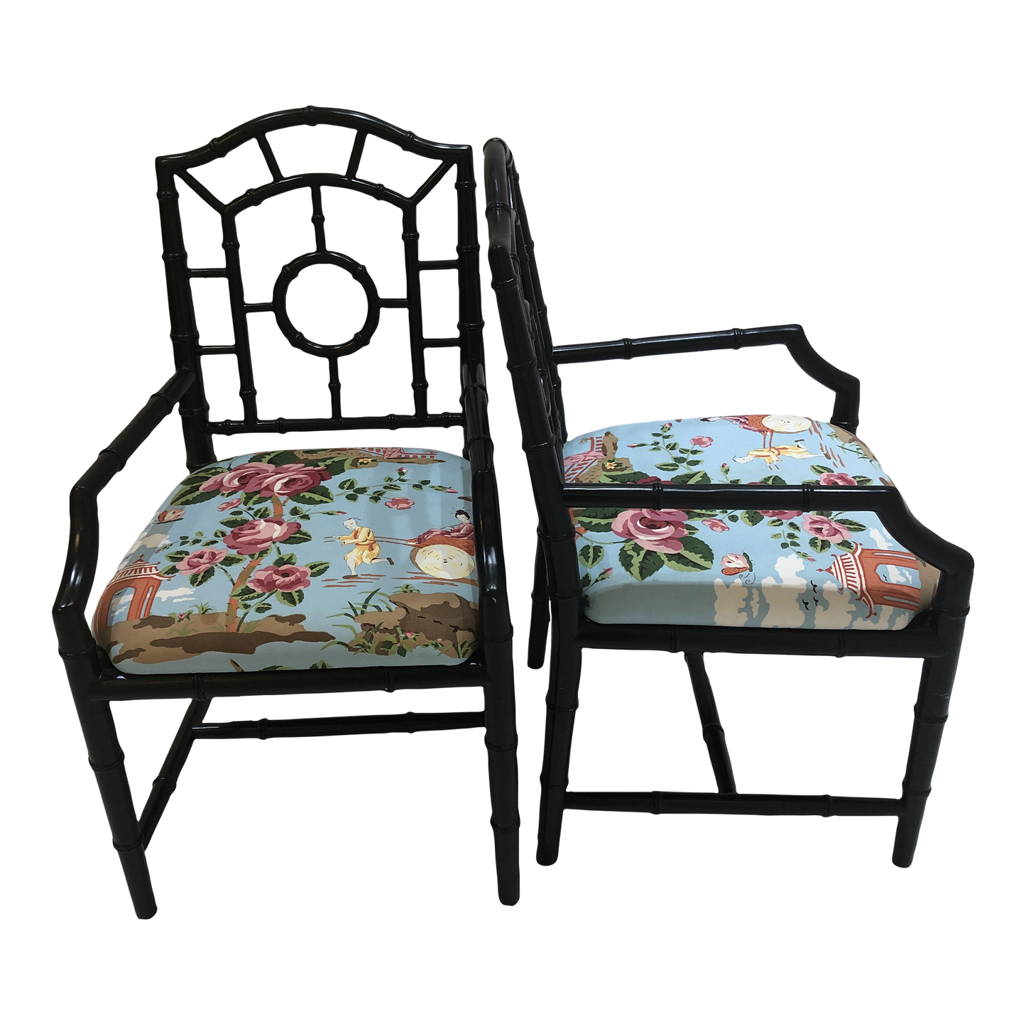 Pair Modern Black Lacquered Chippendale Style Chairs