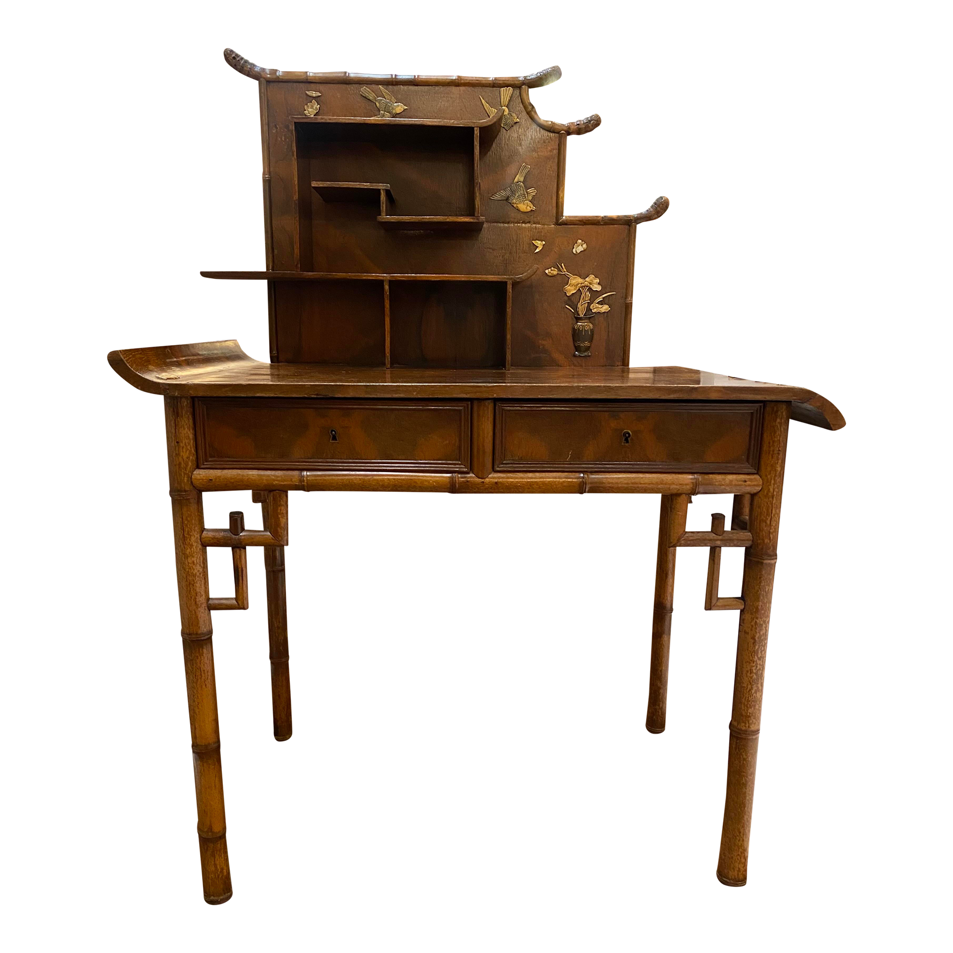 Vintage Asian Pagoda Style Wood and Bamboo Desk